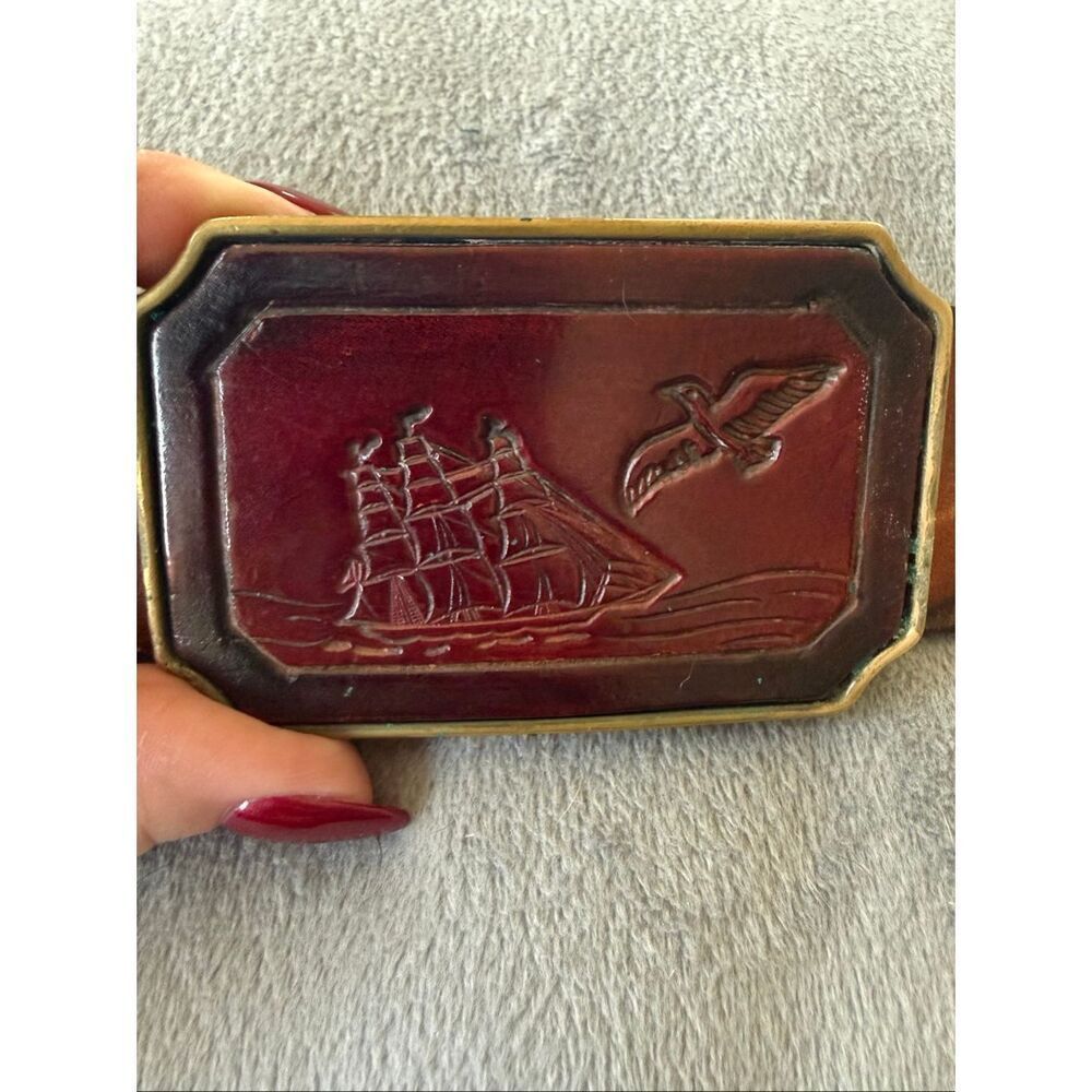 BTS Vintage Brass & Leather Nautical Themed Belt Buckle & Belt sz 30-34”